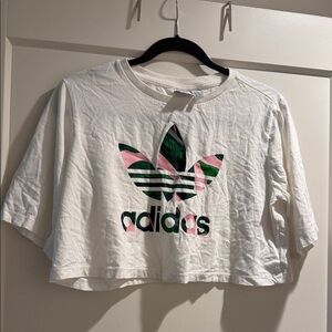 Adidas White and Pink Logo Crop Top